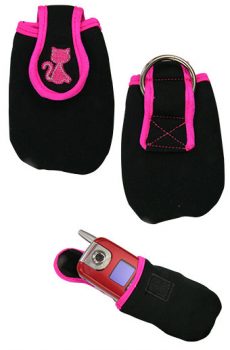 Black and pink soft cell phone or camera case with hot pink stitching and kitty cat embroidered