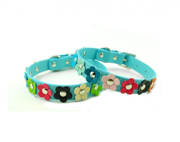 Blue leather dog collar with multi-colored 3D leather flowers attached by silver studs.