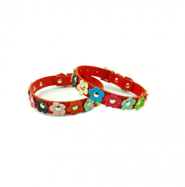 Red leather dog collar with multi-colored 3D leather flowers attached by silver studs.