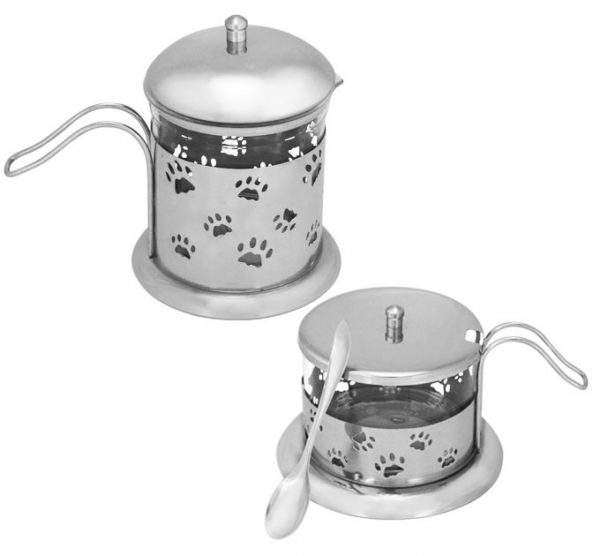 Stainless steel and glass paw print designed cream and sugar bowl set with a little matching spoon