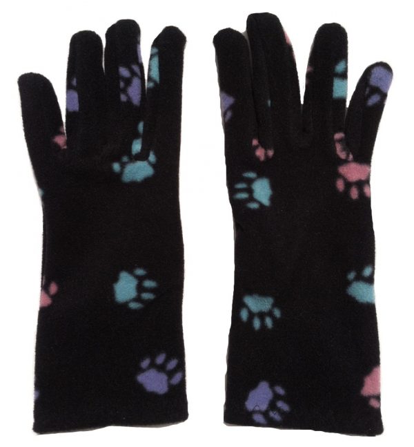 Black fleece gloves with multi colored paw print pattern - one size
