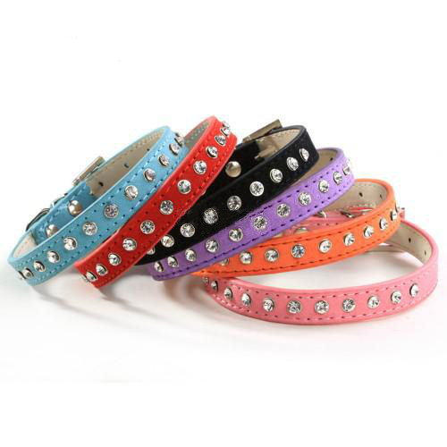 Colorful suede cat or small dog collar with single row rhinestone bling