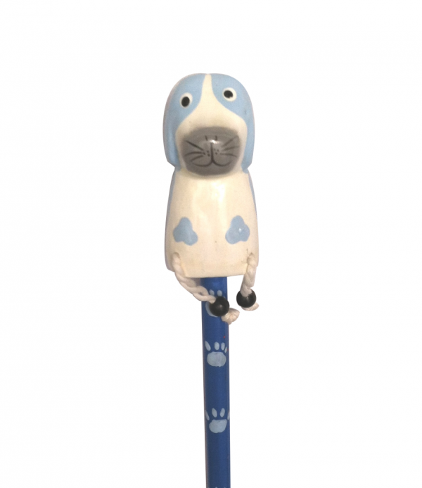 Handcrafted wooden dog pencil with paw prints on shaft - blue