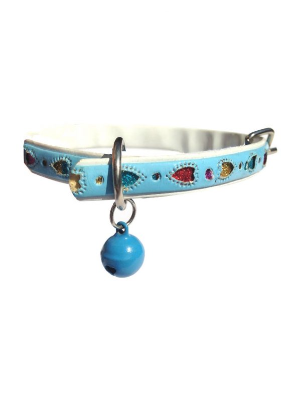 Blue cat collar with rainbow hearts and bell
